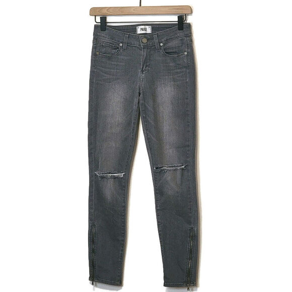 Paige Verdugo Ankle Gray Skinny Jean Mid Rise Distressed Knee Zip Ankle Denim 26 - Picture 12 of 12